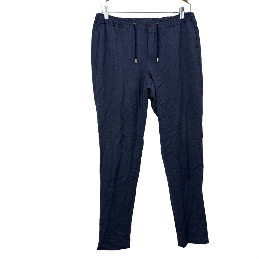Pal Zileri Pants Mens 48 Blue Elastic Waist Drawstring Wool Blend Trousers Slim